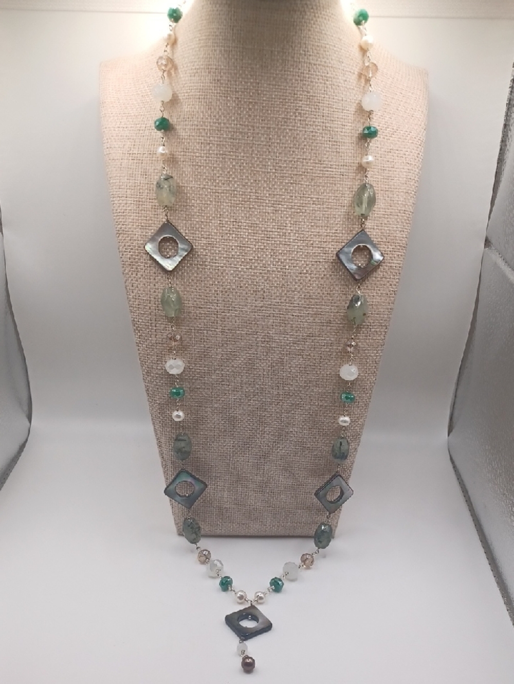 Vantel Pearls Prehnite, Abalone, Pearl, And Glass Crystal Station Necklace - Picture 7 of 7